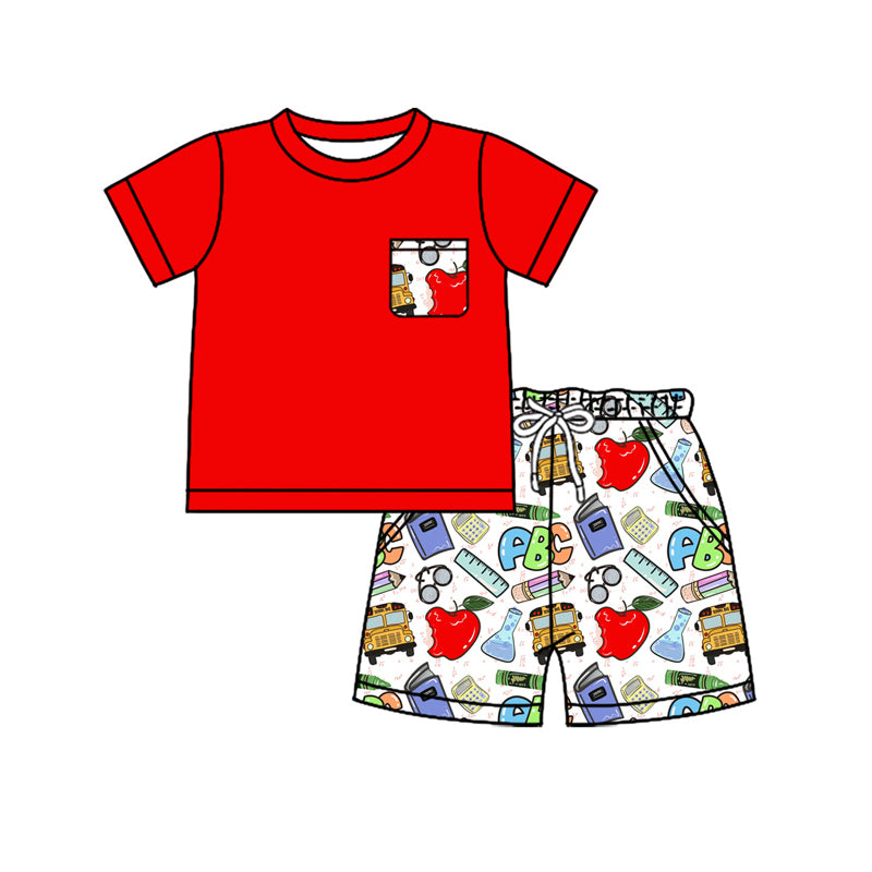 Preorder moq 5 Baby Boys Red Short Sleeves Pocket Top Apples ABC Short Back School Set