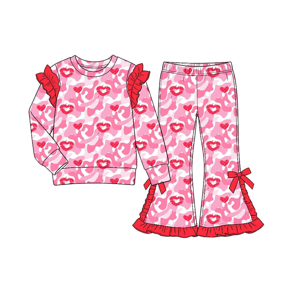 Preorder (moq5) Baby Girls Pink Camo Hearts Shirt Top Bell Bottom Pant Valentines Clothes Set