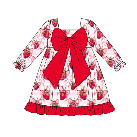Preorder(moq 8)Baby Girls Pink Stripe Bows Strawberry Ruffle Knee Length Dresses