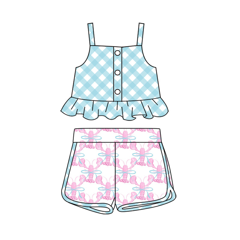 Preorder (moq 5)Baby Girls Blue Checkered Bows Straps Top Crawfish Shorts Clothes Sets