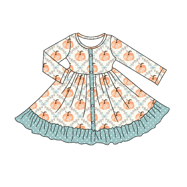 Preorder (moq 5)Baby Girls Flowers Pumpkins Fall Button Ruffle Knee Length Dresses