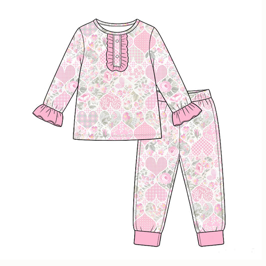 Preorder (moq5) Baby Girls Hearts Flowers Button Top Pant Valentines Pajamas Set