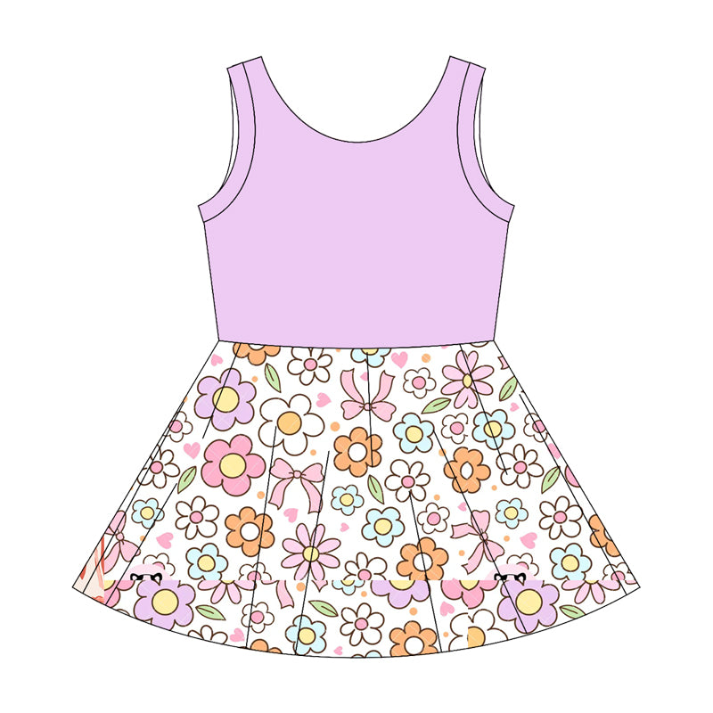 Preorder moq 10 Baby Girls Lavender Sleeveless Top Bows Flowers Patchwork Knee Length Dresses