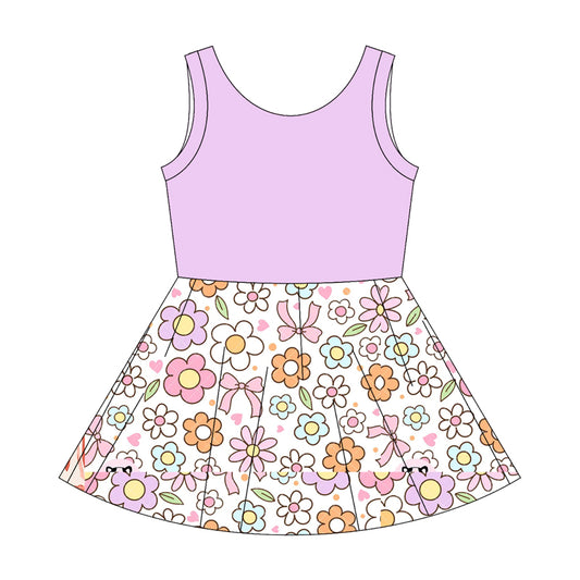 Preorder moq 10 Baby Girls Lavender Sleeveless Top Bows Flowers Patchwork Knee Length Dresses