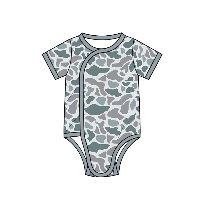 Preorder (moq 5) Baby Boy Clothes Grey Blue Duck Camo Print Short Sleeve Side Snap Romper