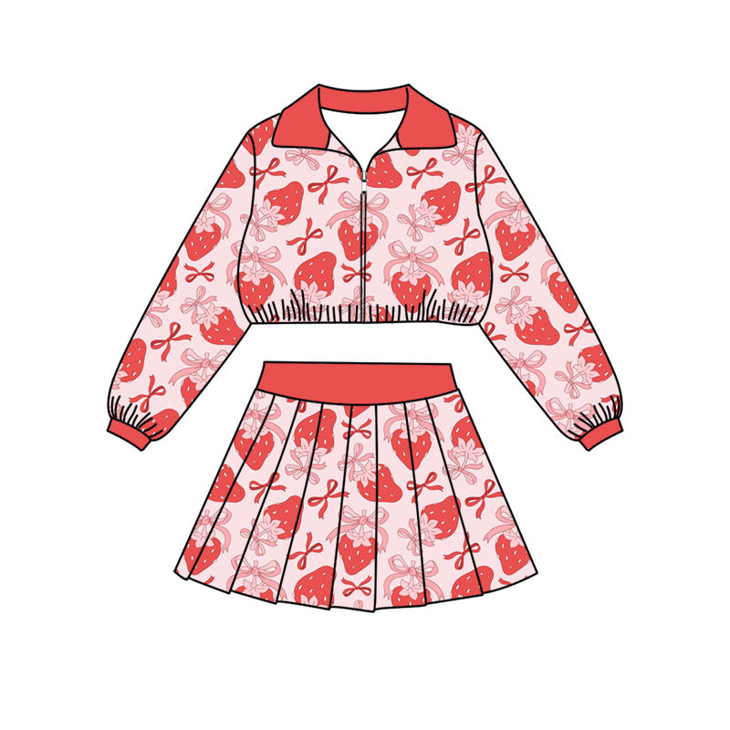 Preorder (moq 5)Baby Girls Bows Strawberry Zip Jackets Skirt Shorts Team Clothes Set