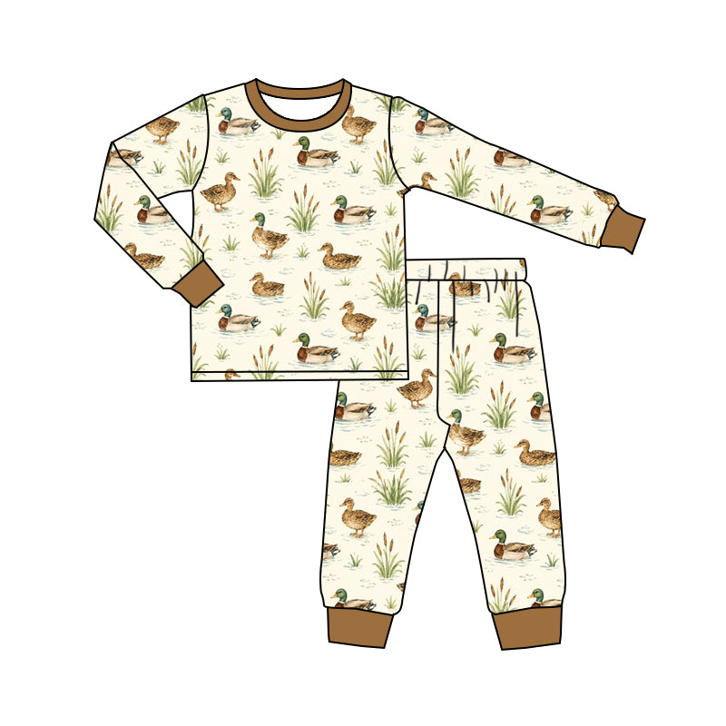 Preorder (moq 5) Baby Boy Clothes Pond Mallard Duck Reeds Allover Print Long Sleeve Jogger Pajama Set
