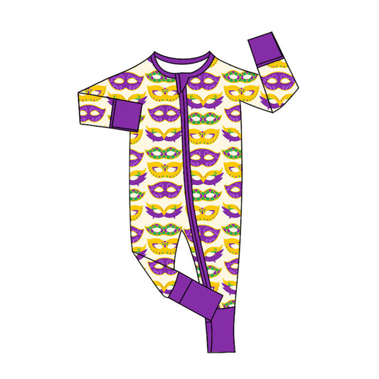 Preorder (moq 5)Baby Boys Mardigras Masks Plaid Two Way Zipper Convertible Rompers