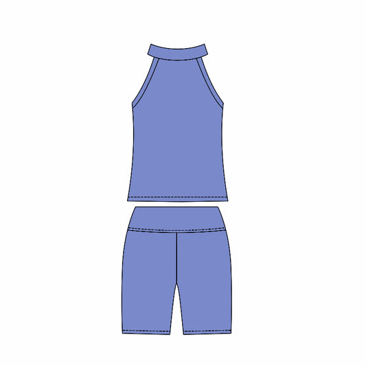 Preorder moq 10 Baby Girls Hot Blue Sleeveless Activity Wear Vest Top Biking Shorts Yoga Set