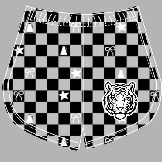 Preorder (moq 5)Baby Girls Grey Black Checked Tigers Cheer Team Shorts Bottoms