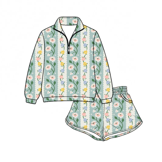 Preorder (moq 5)Baby Girls Colorful Flowers Zip Pullovers Pockets Short Clothes Set