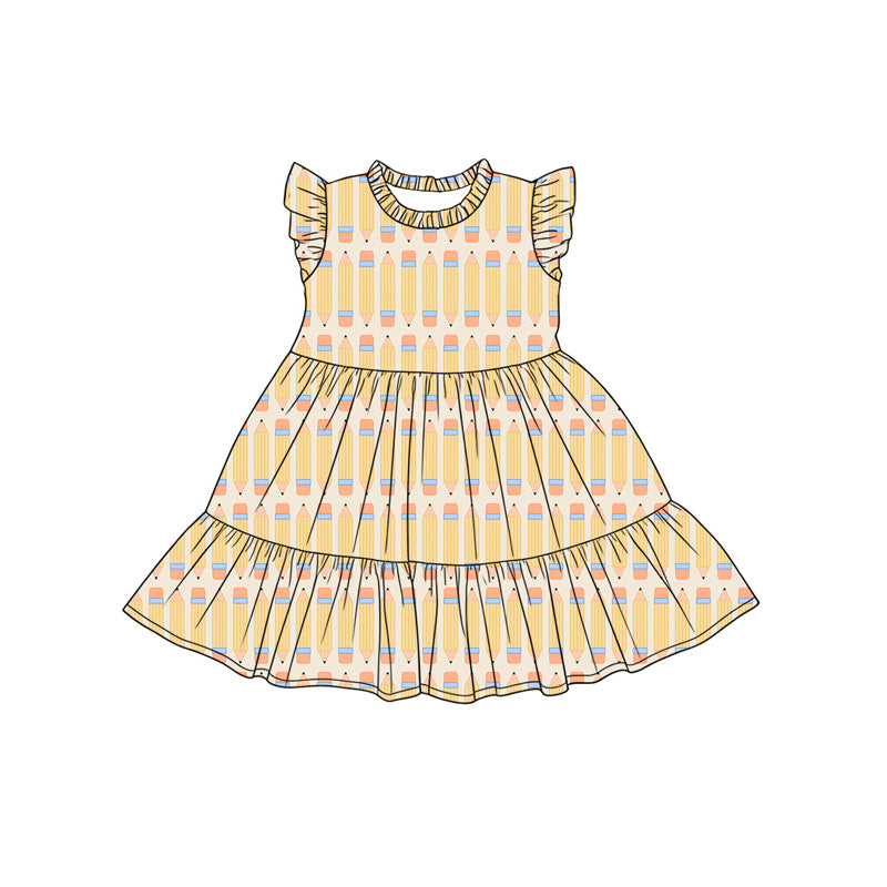 Preorder (moq 5)Baby Girls Flutter Sleeve Pencils Back to School Patchwork Knee Length Dresses