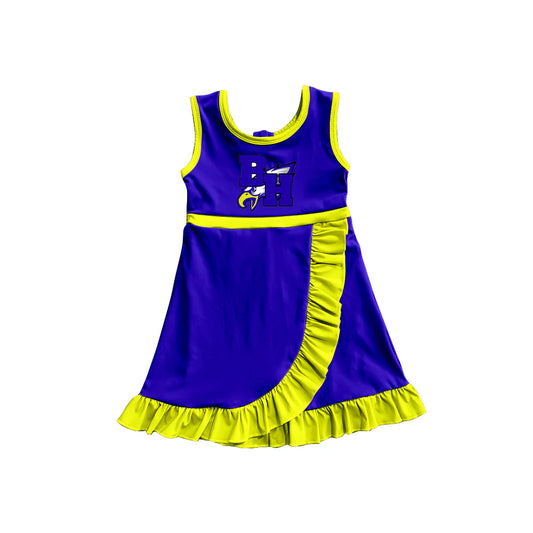 Preorder (moq 5)Baby Girls Hot Blue Sleeveless BH Eagles Short Team Ruffle Knee Length Dresses