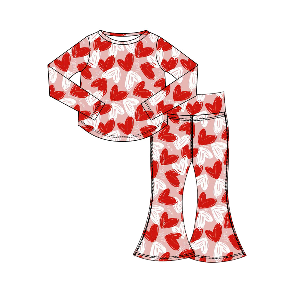 Preorder (moq 5) Baby Girl Clothes Valentines Sketch Heart Print Long Sleeve Flare Pant Set