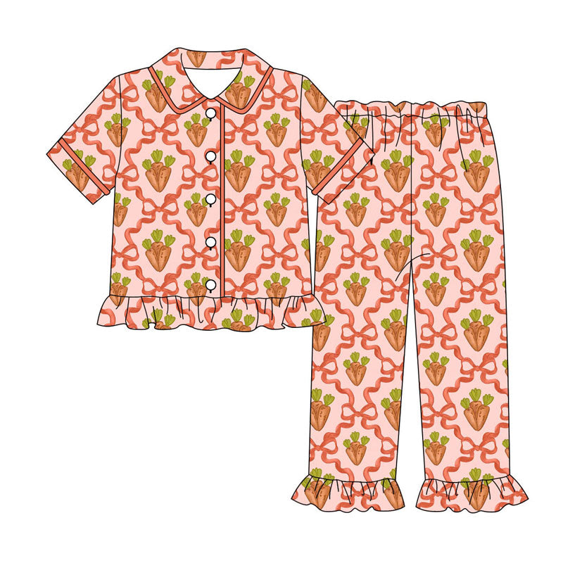 Preorder (moq 5)Baby Girls Bows Carrots Checked Button Top Ruffle Pants Easter Pajamas Sets
