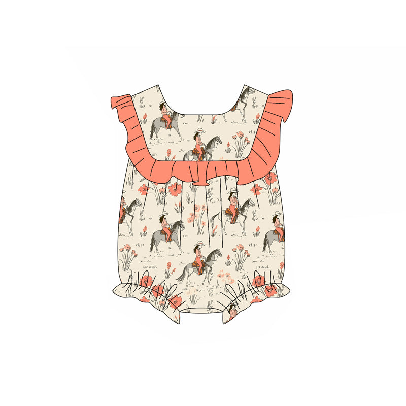 Preorder(moq 5)Baby Infant Girls Peach Ruffle Sleeveless Horse Rodeo Flowers Rompers