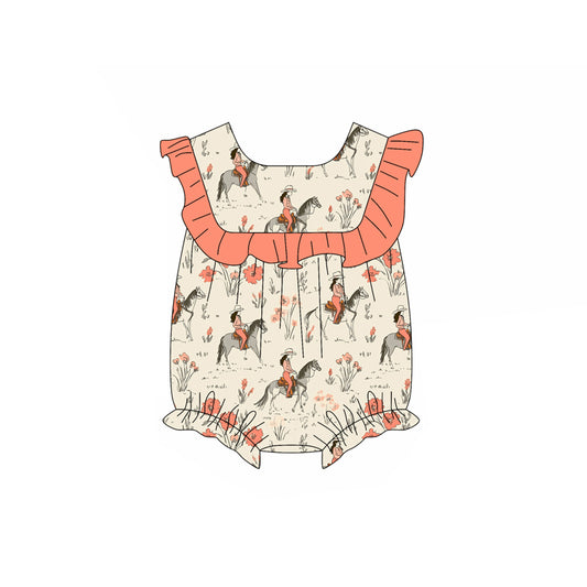 Preorder(moq 5)Baby Infant Girls Peach Ruffle Sleeveless Horse Rodeo Flowers Rompers