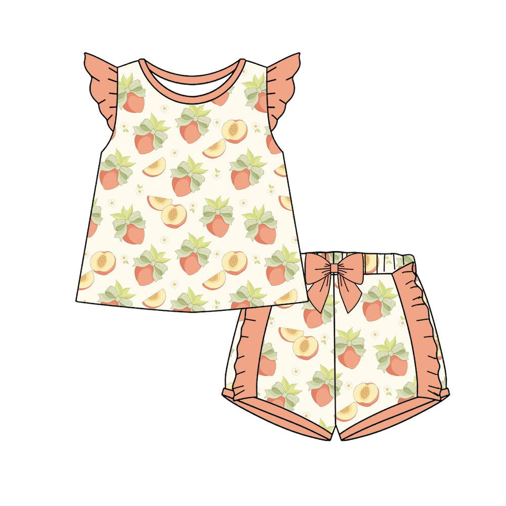 Preorder (moq 5)Baby Girls Flutter Sleeve Bows Peaches Tunic Ruffle Short Clothes Sets