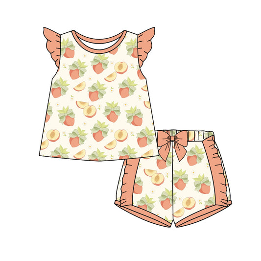 Preorder (moq 5)Baby Girls Flutter Sleeve Bows Peaches Tunic Ruffle Short Clothes Sets