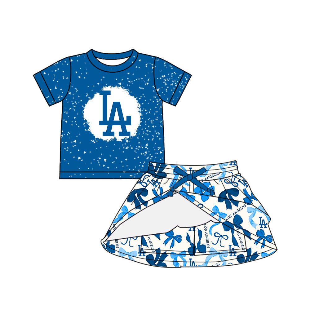 Preorder (moq 5)Baby Girls Hot Blue Short Sleeves LA Top Bows Plaid Skorts Team Set