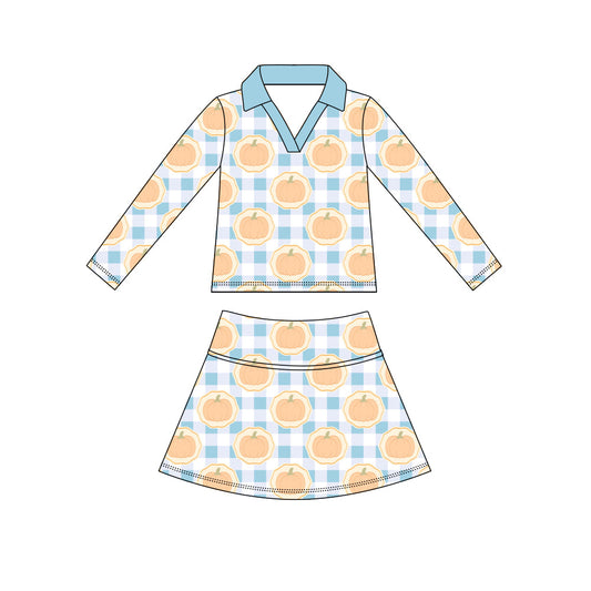 Preorder (moq 5)Baby Girls Blue Checked Pumpkins Top Skirt Shorts Fall Clothes Sets