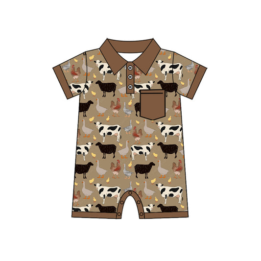Preorder(moq 5)Baby Infant Boys Farm Cows Pocket Summer Rompers