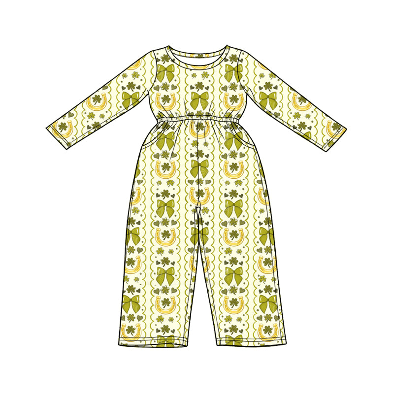 Preorder (moq 5) Baby Girl Clothes St Patrick's Day Horseshoe Clover Bow Striped Print Long Sleeve Waist Jumpsuit