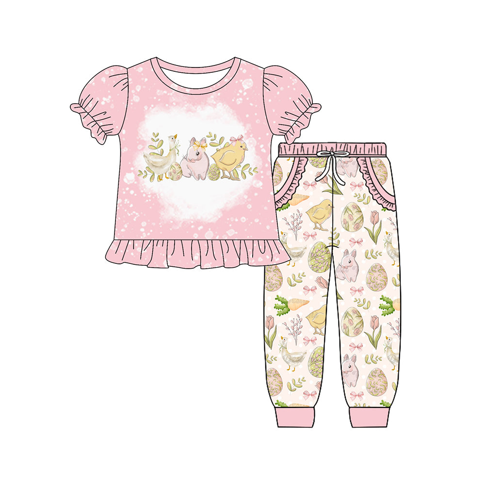 Preorder (moq 5) Baby Girls Chicks Rabbits Ruffle Top Pockets Jogger Easter Clothes Set