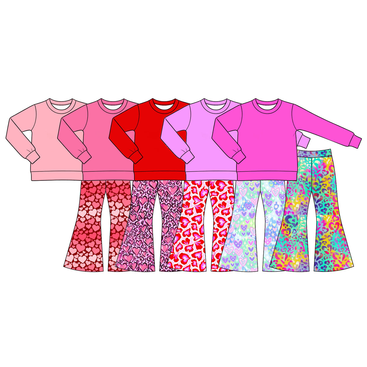 Preorder (moq 5) Baby Girl Clothes Valentine Solid Pink Top Heart Mixed Print Long Sleeve Flare Pant Set