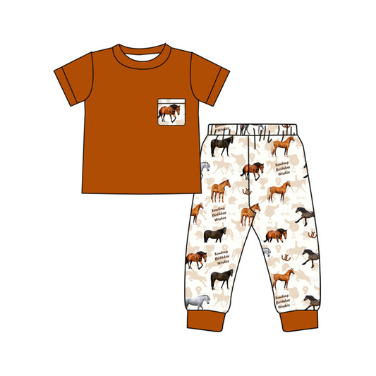 Baby Kids Brown Western Horse Top Birthday Jogger Pants Boys Clothing Sets preorder(MOQ 5)