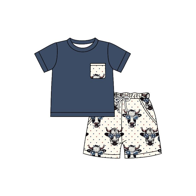 Baby Boys Blue Pocket Top Western Cow 4th Of July Shorts Clothing Sets Preorder(moq 5)