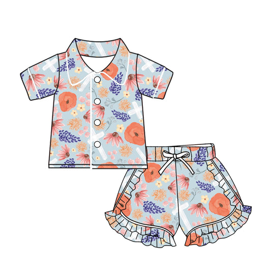 Baby Girls Easter Flower Cross Buttons Top Ruffle Shorts Pajamas Sets preorder(MOQ 5)