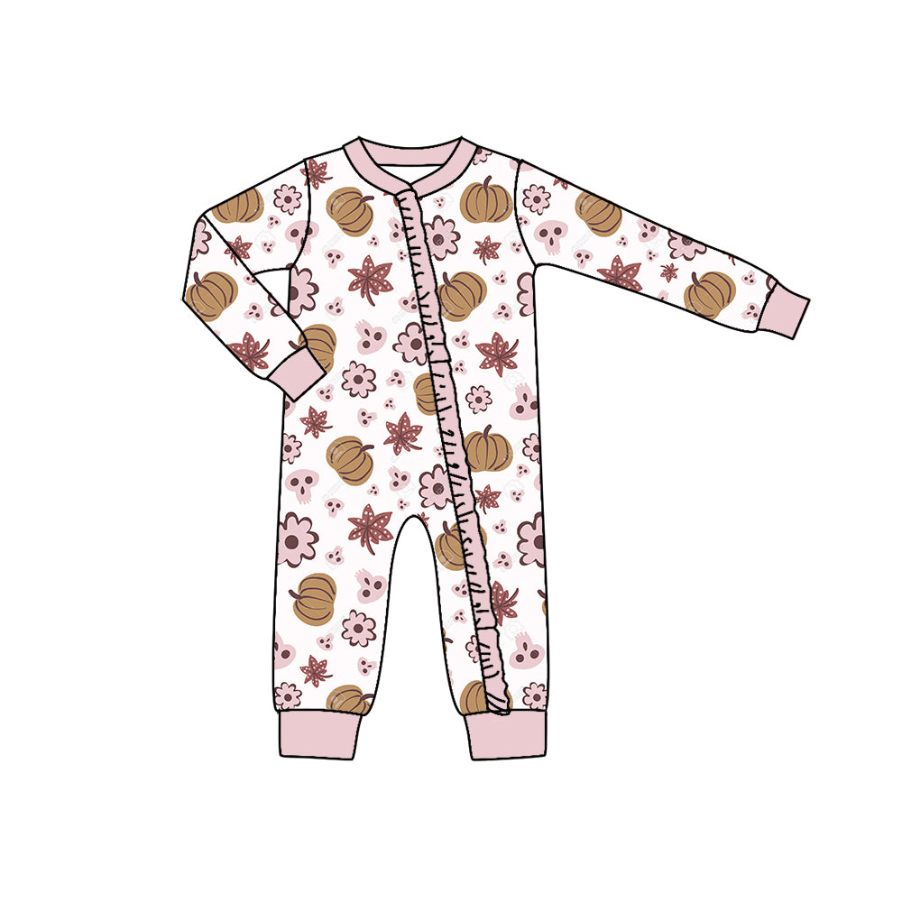 Baby Girls Flowers Pumpkin Long Sleeve Zip Bamboo Rompers Preorder(moq 5)