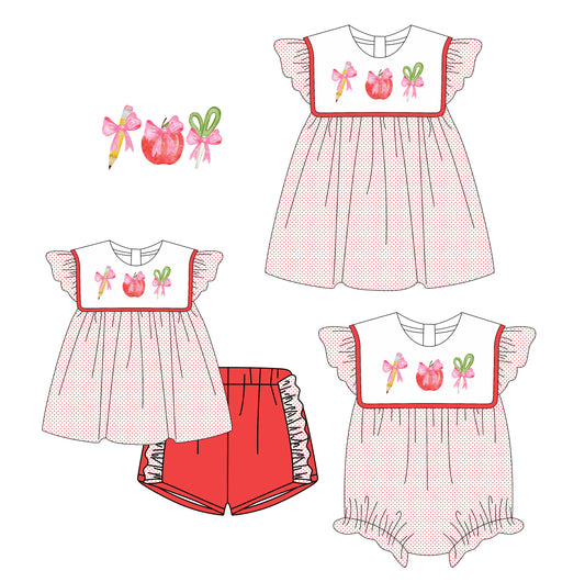 Preorder moq 5 Custom Baby Girls Pink Polka Dots Apple Bows Tunic Ruffle Short Set Knee Length Dress And Rompers