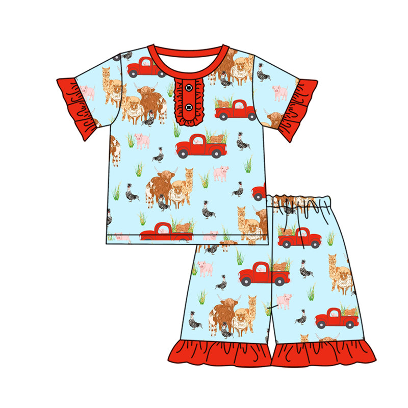 Preorder (moq 5)Baby Girls Farm Shirt Top Cow Truck Shorts Pajamas Outfits