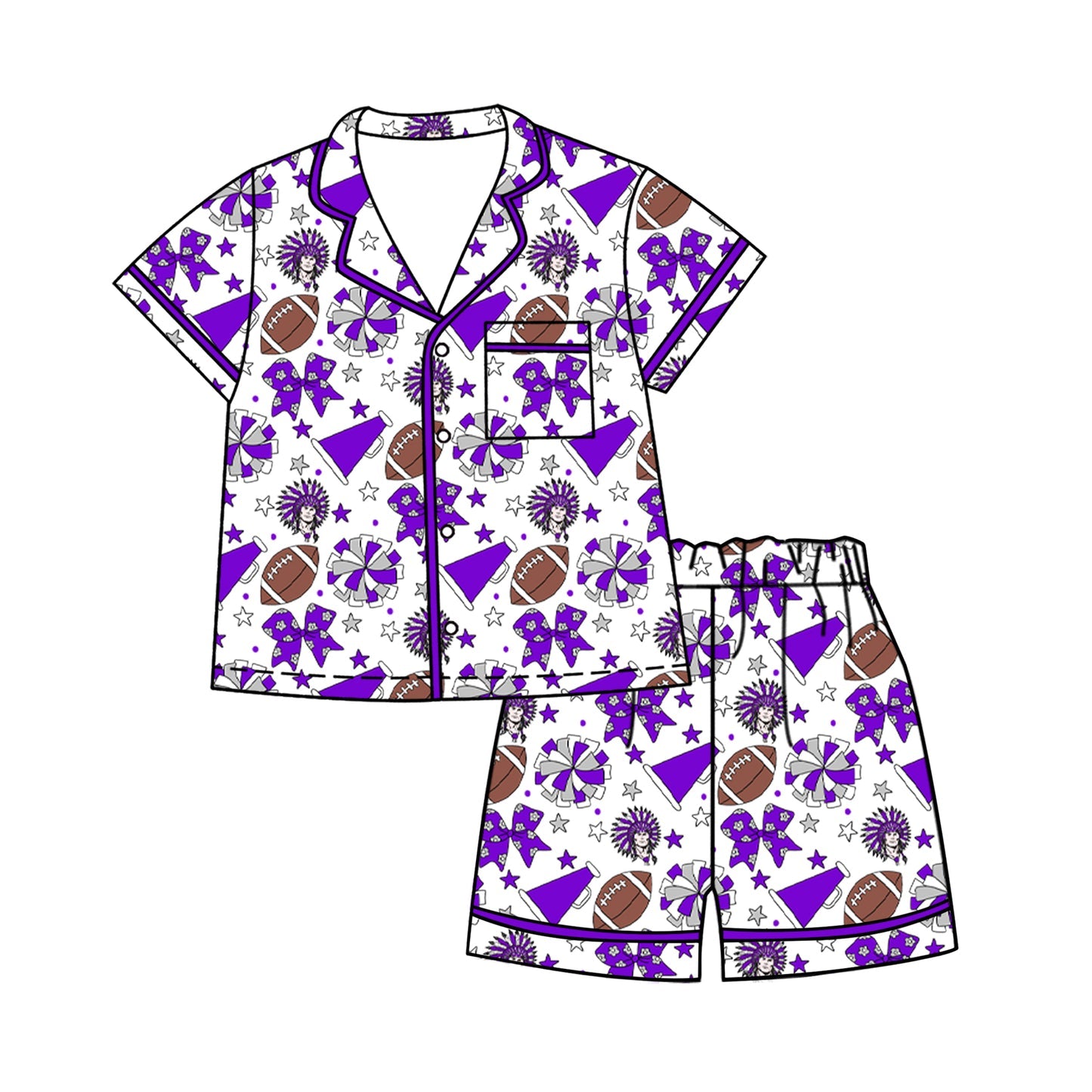 Preorder (moq 5)Baby Girls Footballs Bows Button Pocket Top Short Team Clothes Sets