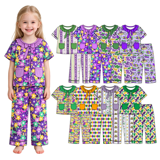 Preorder (moq 5) Baby Girl Clothes Mardi Gras Vertical Stripe Mask Bow Mixed Print Short Sleeve Ruffle Bow Long Pant Pajama Set