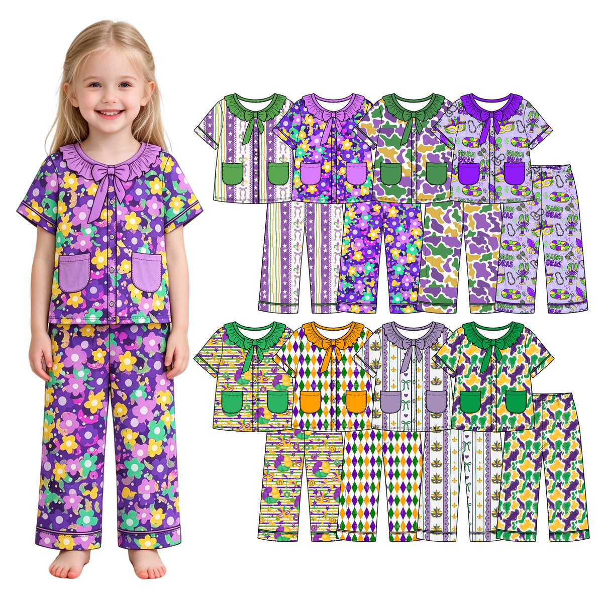 Preorder (moq 5) Baby Girl Clothes Mardi Gras Diamond Argyle Mixed Print Short Sleeve Ruffle Bow Long Pant Pajama Set