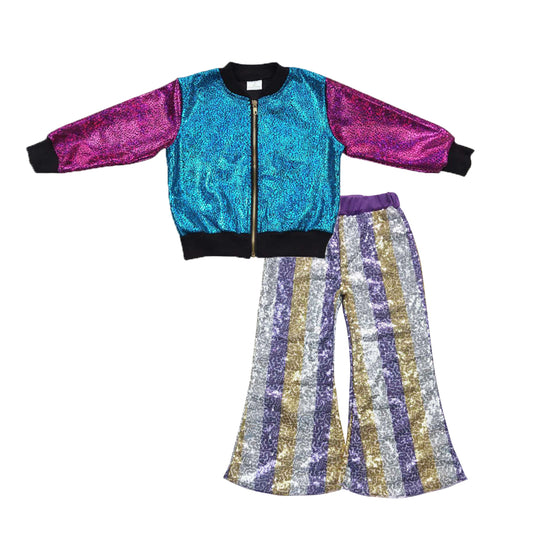 Baby Girls Blue Sparkle Jackets Sequin Bell Bottom Pants 2pcs Clothing Sets