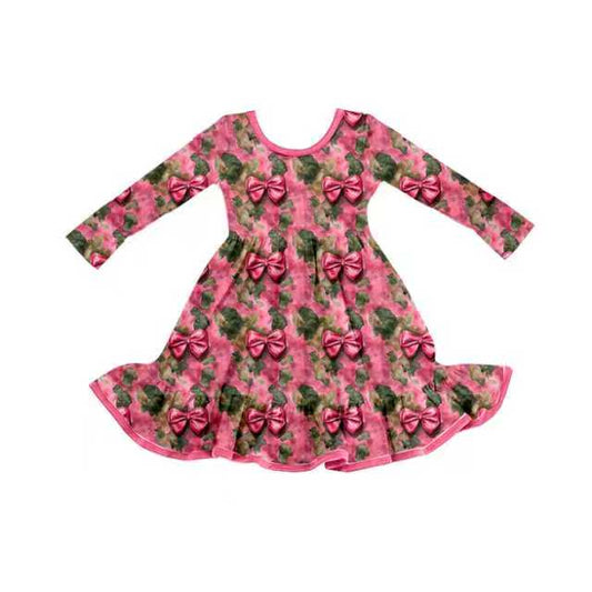 Preorder (moq 5)Baby Girls Green Pink Camo Bows Ruffle Western Knee Length Dresses