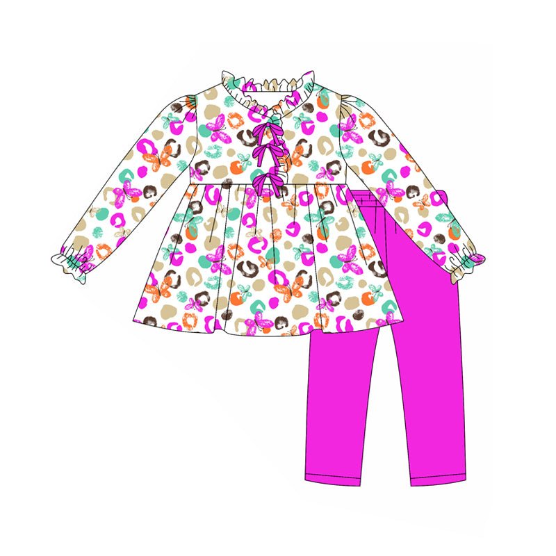 Preorder(moq 5) Baby Girls Purple Leopard Butterfly Tunic Top Legging Boutique Outfits Sets