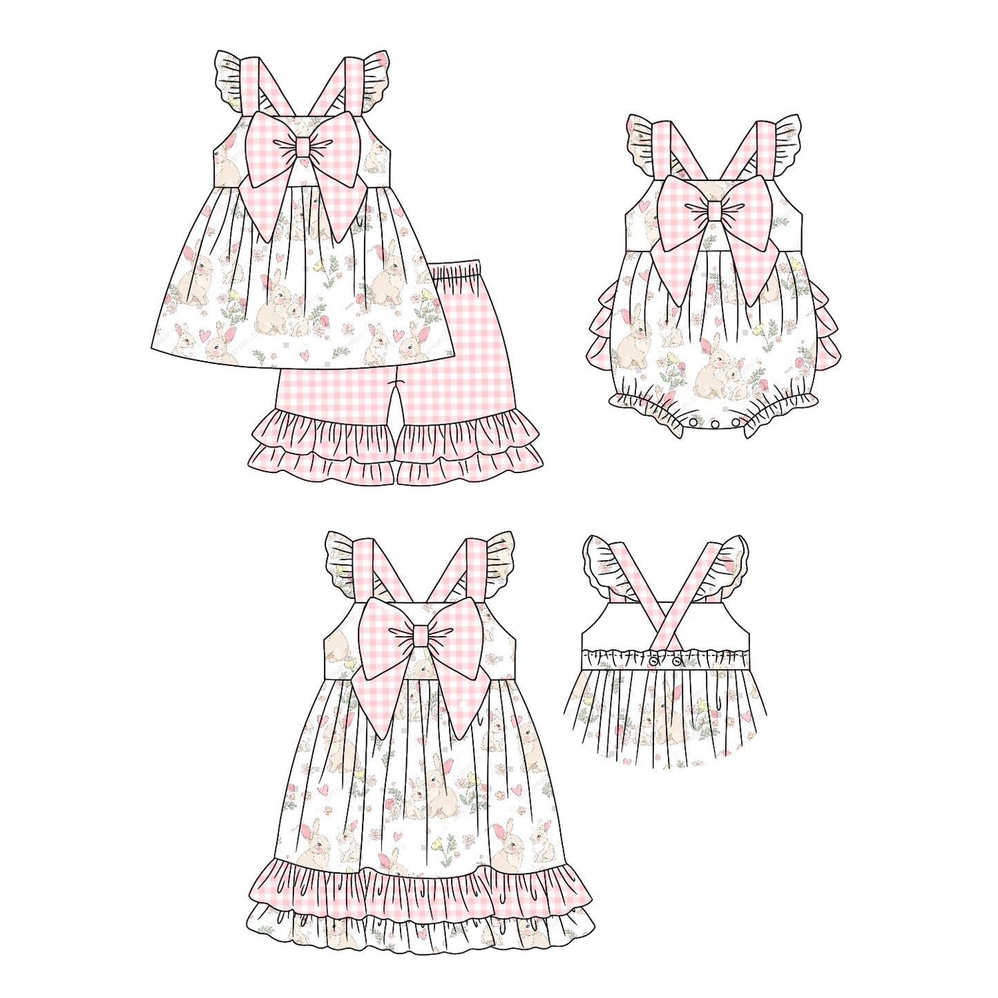 Preorder(moq 5 each) Baby Girls Easter Rabbits Bows Checkered Romper Dress Sets