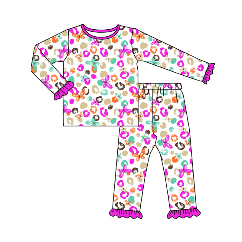Preorder(moq 5) Baby Girls Purple Leopard Butterfly Top Pants Lounge Wear Pajamas Sets