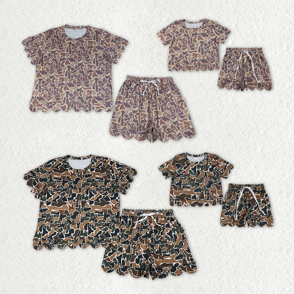 Mama and Me Girls Short Sleeve Southern Camo Top Pockets Short Scallop Clothes Sets