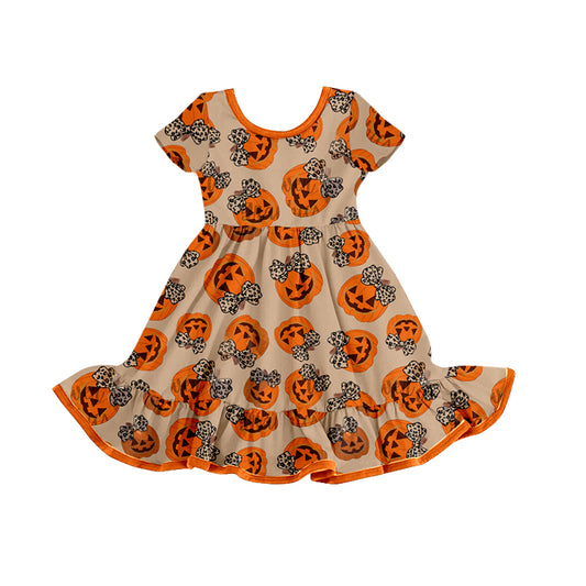 Baby Girls Pumpkin Leopard Bows Ruffle Knee Length Dresses preorder(moq 5)