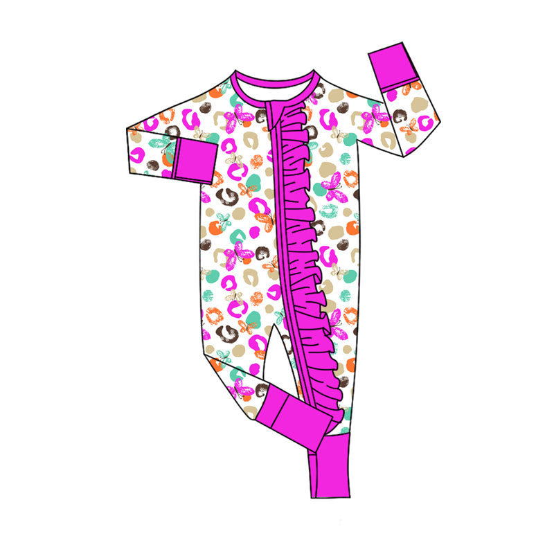 Preorder(moq 5)Baby Girls Purple Leopard Butterfly Zipper Footie Rompers