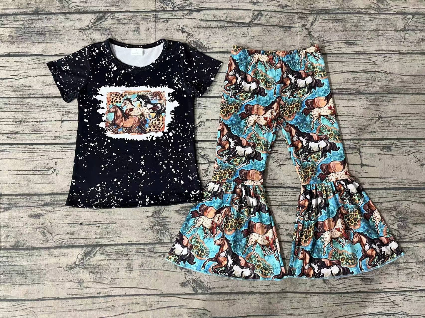 Baby Girls Western Horse Tee Top Bell Pants Western Outfits Sets