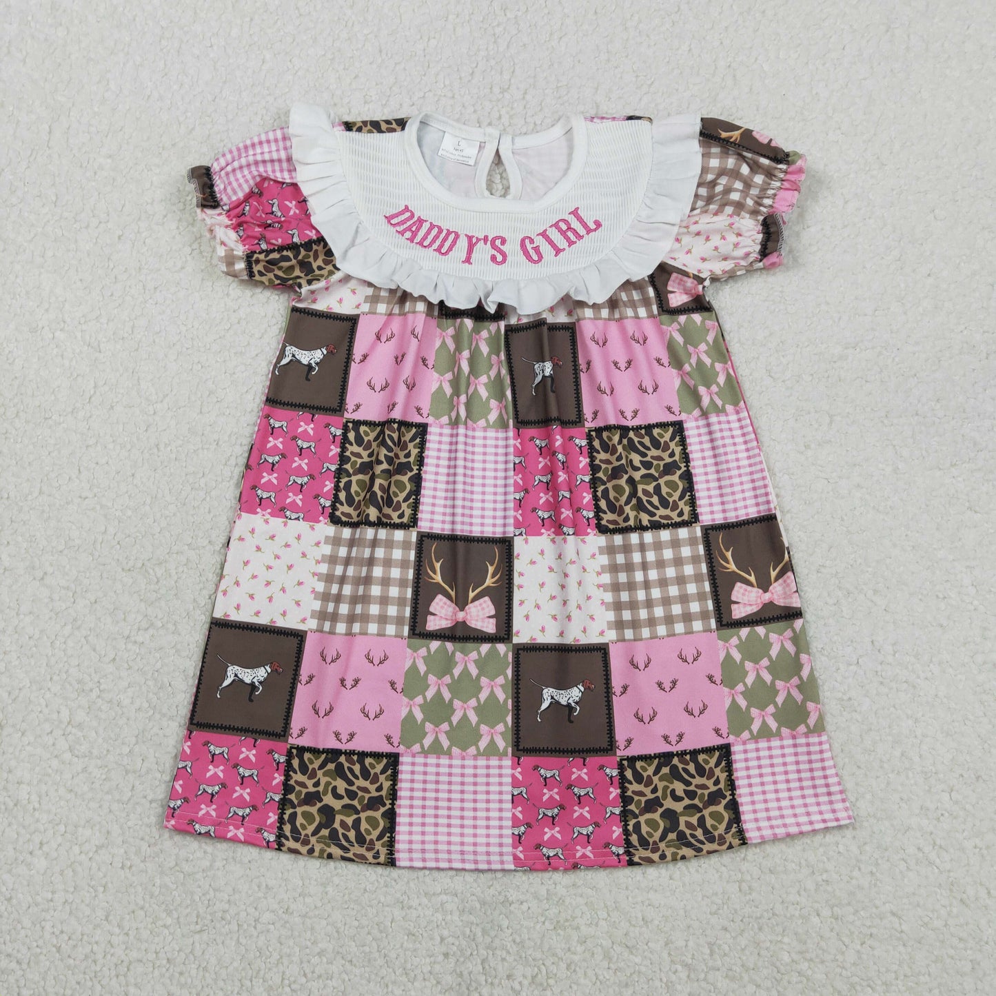 Smocked Daddy's Girls Deer Dogs Bows Checked Hunting Knee Length Dresses