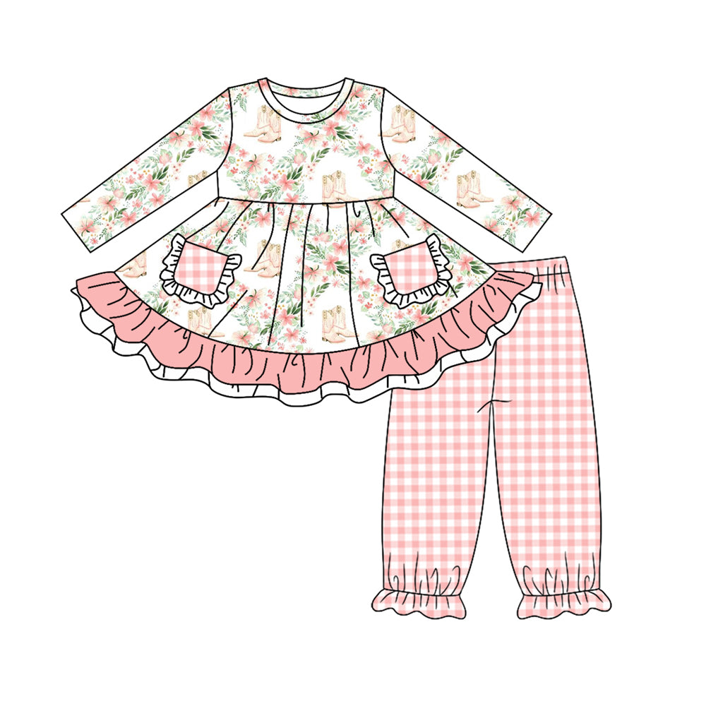 Baby Girls Western Flowers Boots Pockets Tunic Legging Clothes Sets Preorder(moq 5)
