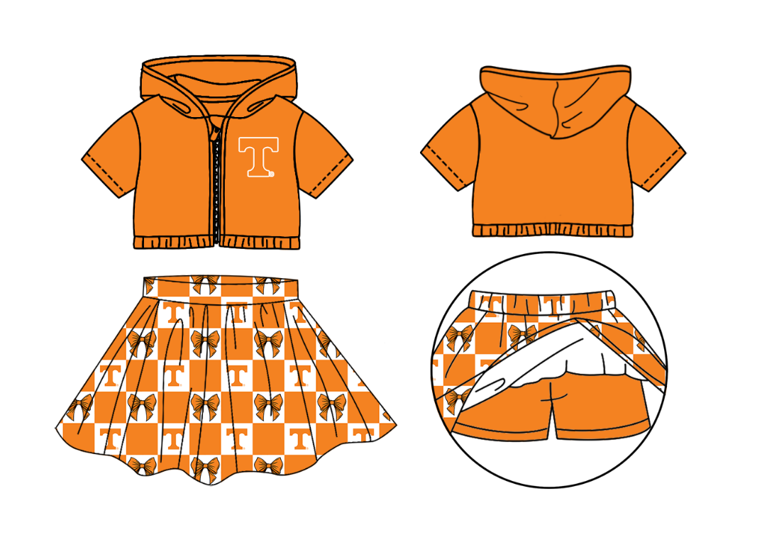 Preorder (moq 5)Baby Girls Orange T Bows Zip Hoodie Jackets Skirt Short Team Clothes Sets